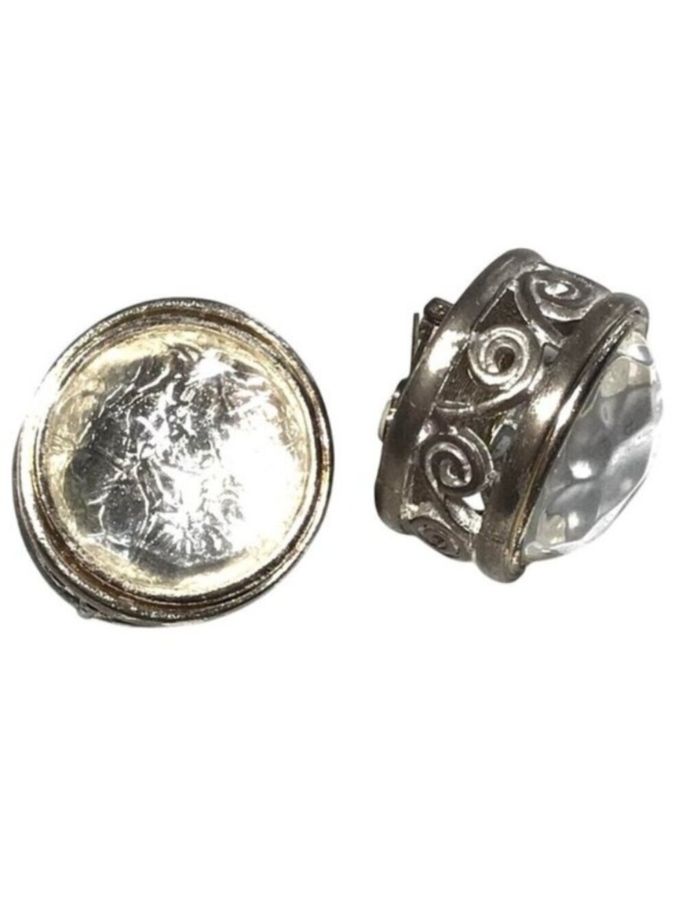 Vintage Robert Rose Clip-On Earrings Crackle Glass Fronts Silver Tone Scroll